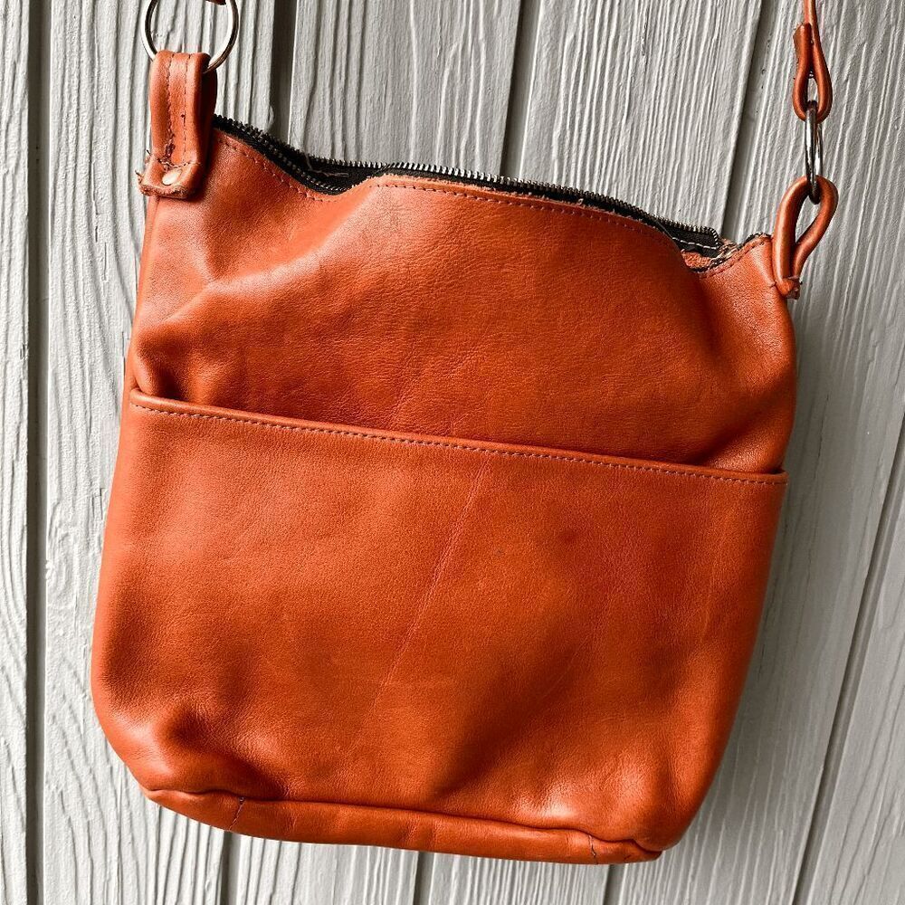 VTG Cognac Orange Full Grain Leather Crossbody Bag Adjustable Strap Handmade - Picture 12 of 12
